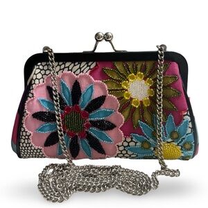 Isabella Fioré Beaded Floral and Lace Print Kiss-lock Clutch with Chain Strap